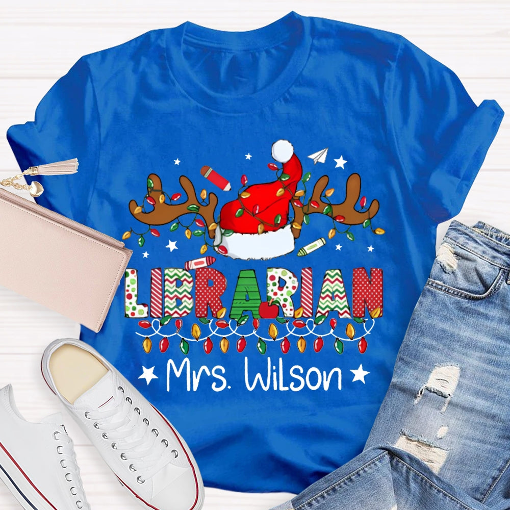 Personalized Name Librarian Christmas Lights And Santa Hats T-shirt