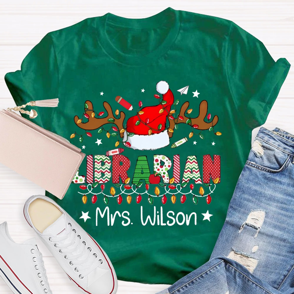 Personalized Name Librarian Christmas Lights And Santa Hats T-shirt