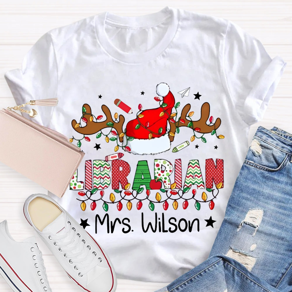 Personalized Name Librarian Christmas Lights And Santa Hats T-shirt