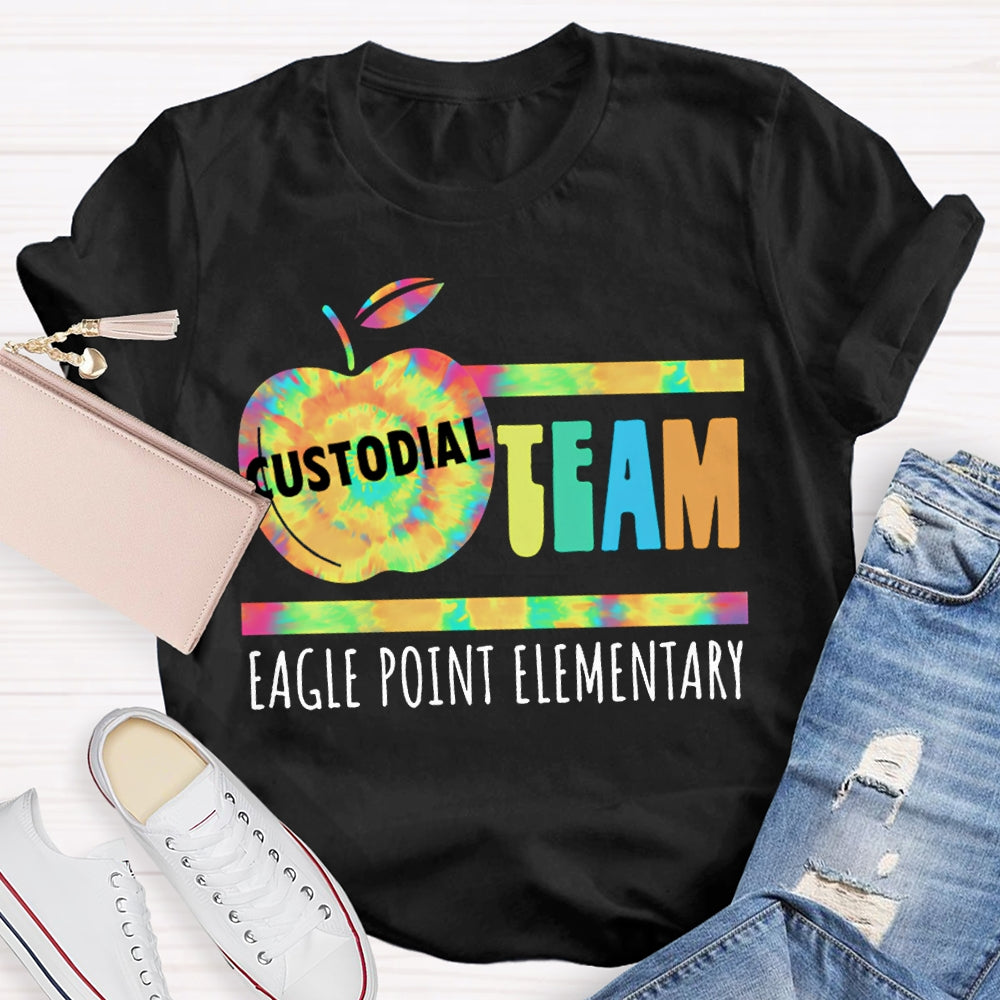 Personalized School Name Custodial Team Tie-Dye Apple Print T-shirt