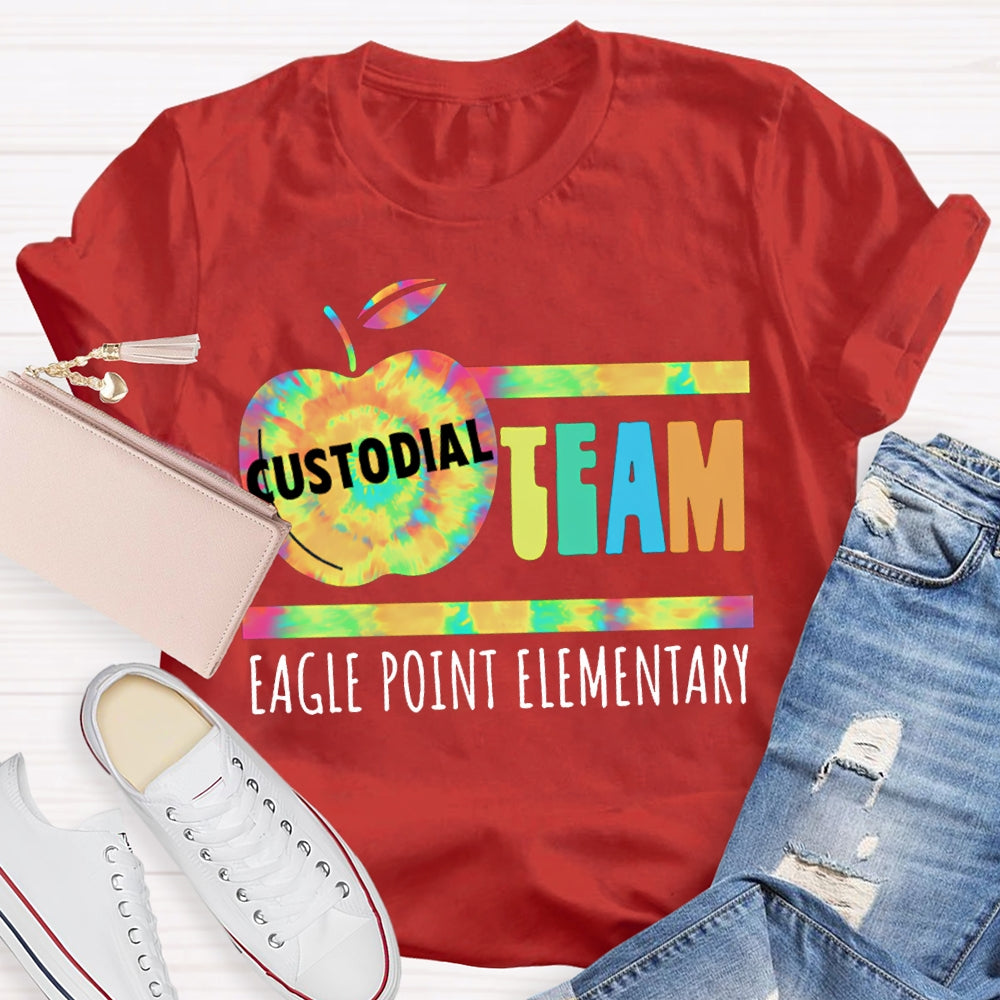 Personalized School Name Custodial Team Tie-Dye Apple Print T-shirt