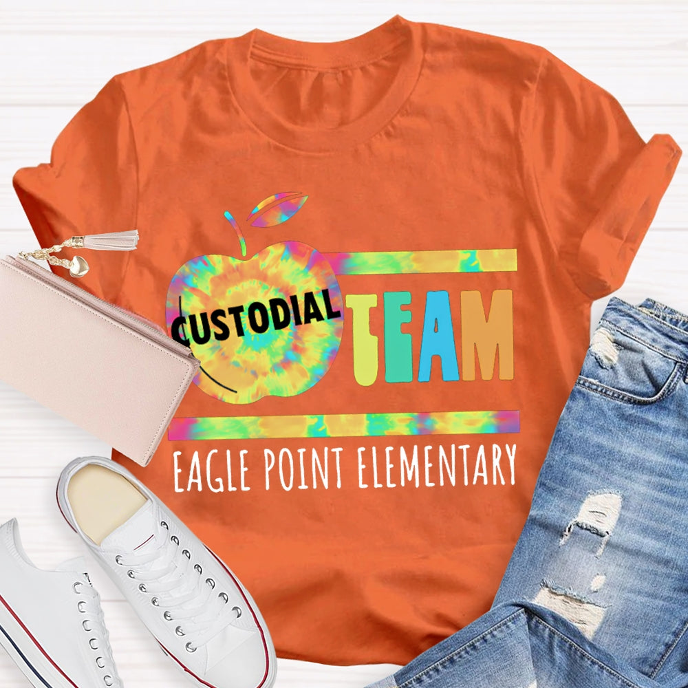 Personalized School Name Custodial Team Tie-Dye Apple Print T-shirt