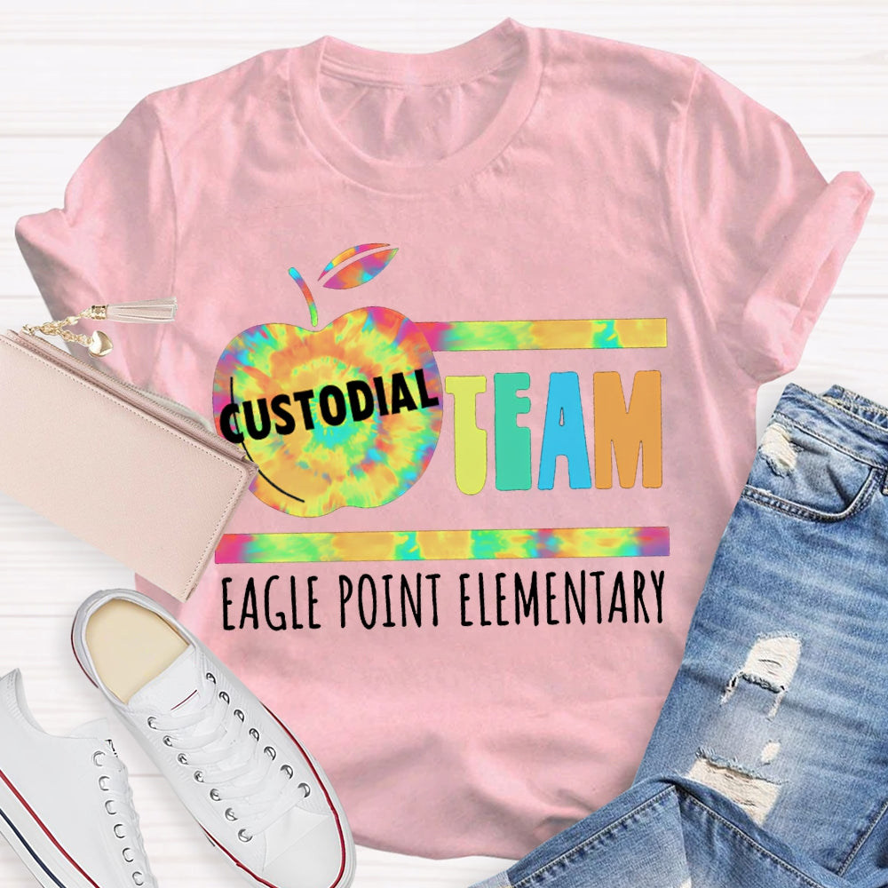 Personalized School Name Custodial Team Tie-Dye Apple Print T-shirt
