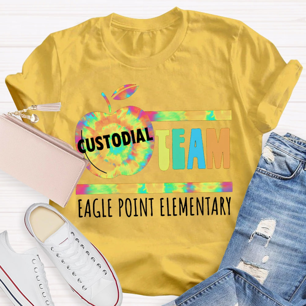 Personalized School Name Custodial Team Tie-Dye Apple Print T-shirt