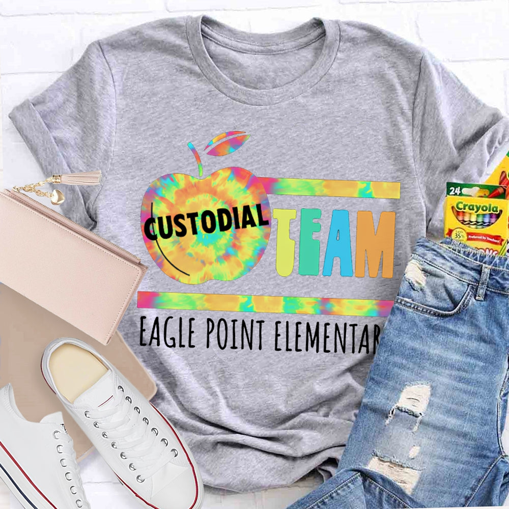 Personalized School Name Custodial Team Tie-Dye Apple Print T-shirt