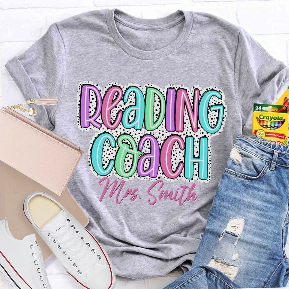 Personalized Name Reading Coach Polka Dot Colored Lettering Print T-shirt