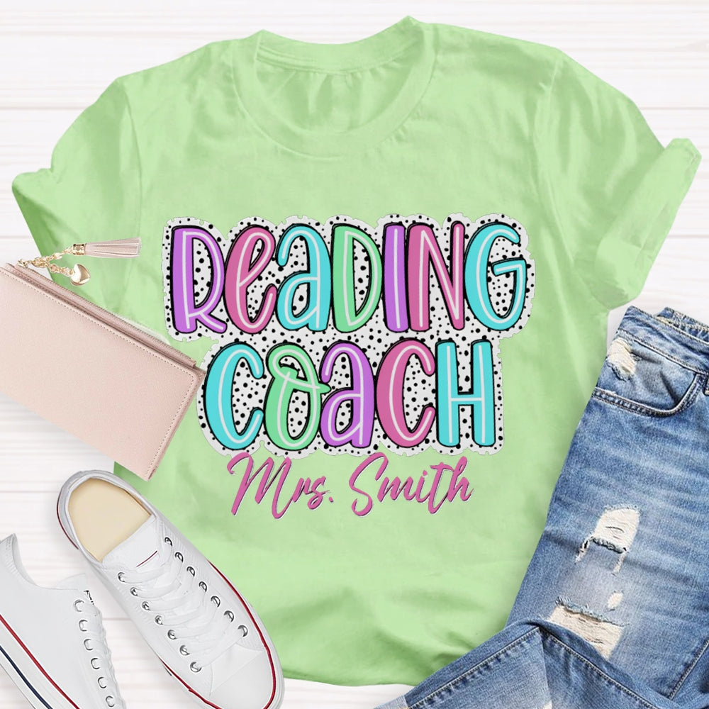 Personalized Name Reading Coach Polka Dot Colored Lettering Print T-shirt