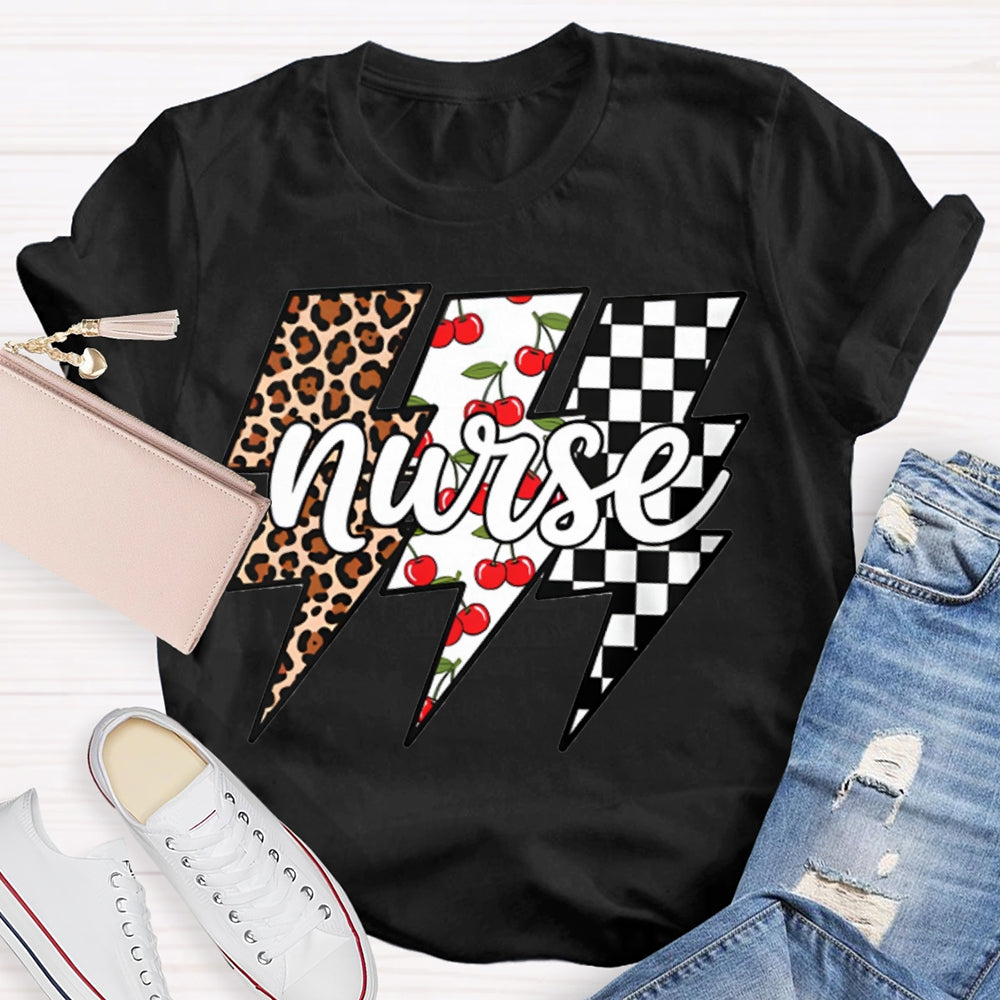 School Nurse Colorful Checkered Lightning Print T-shirt
