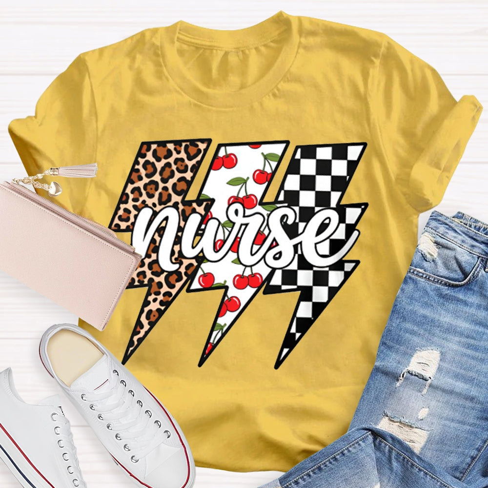 School Nurse Colorful Checkered Lightning Print T-shirt