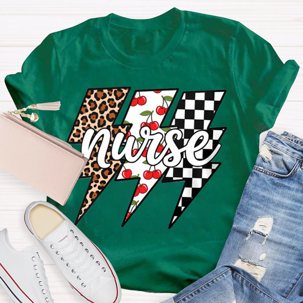 School Nurse Colorful Checkered Lightning Print T-shirt