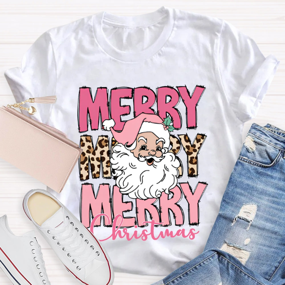 Merry Christmas Santa Claus And Leopard Print Font T-shirt