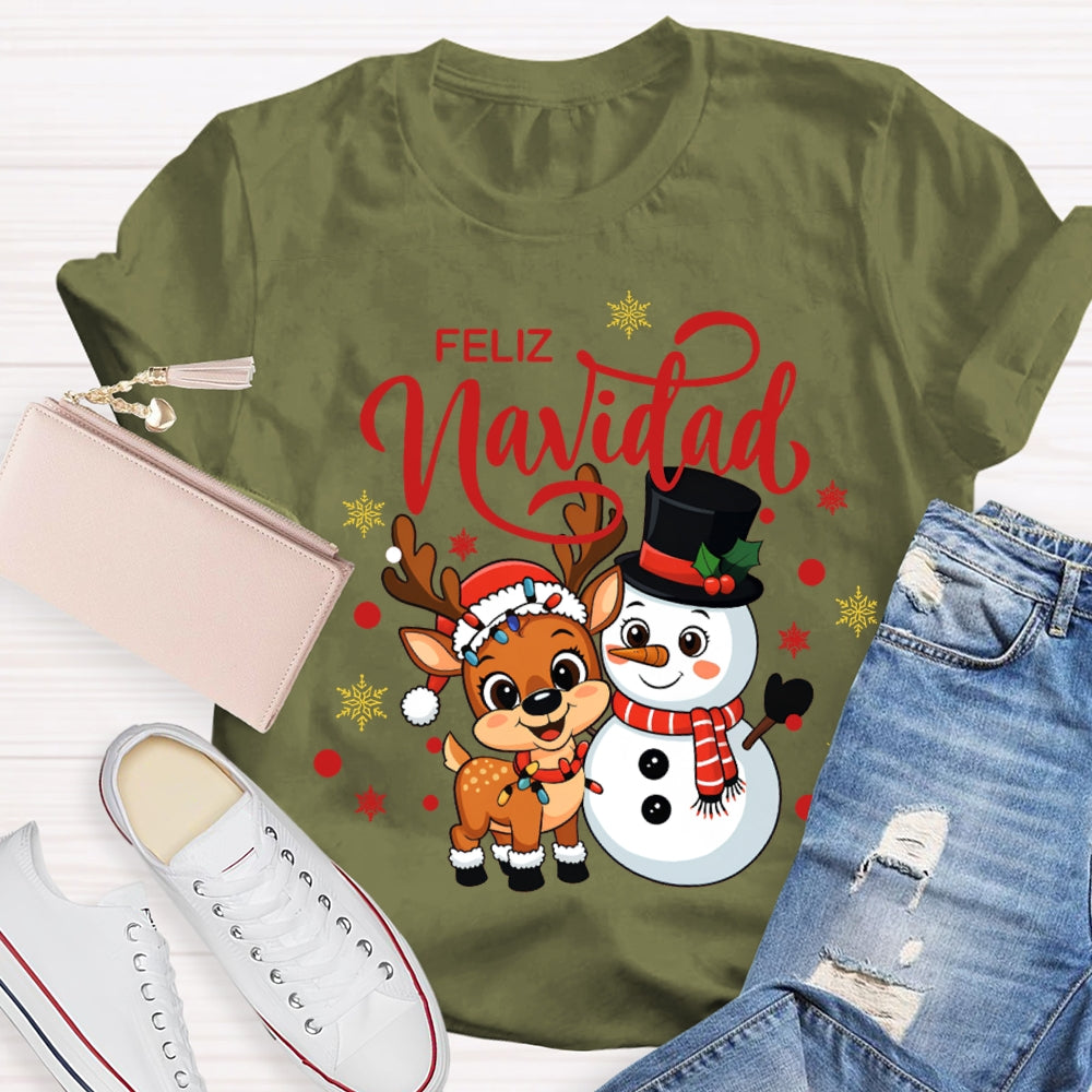 Feliz Navidad Christmas Reindeer And Snowman Bilingual Teacher T-shirt