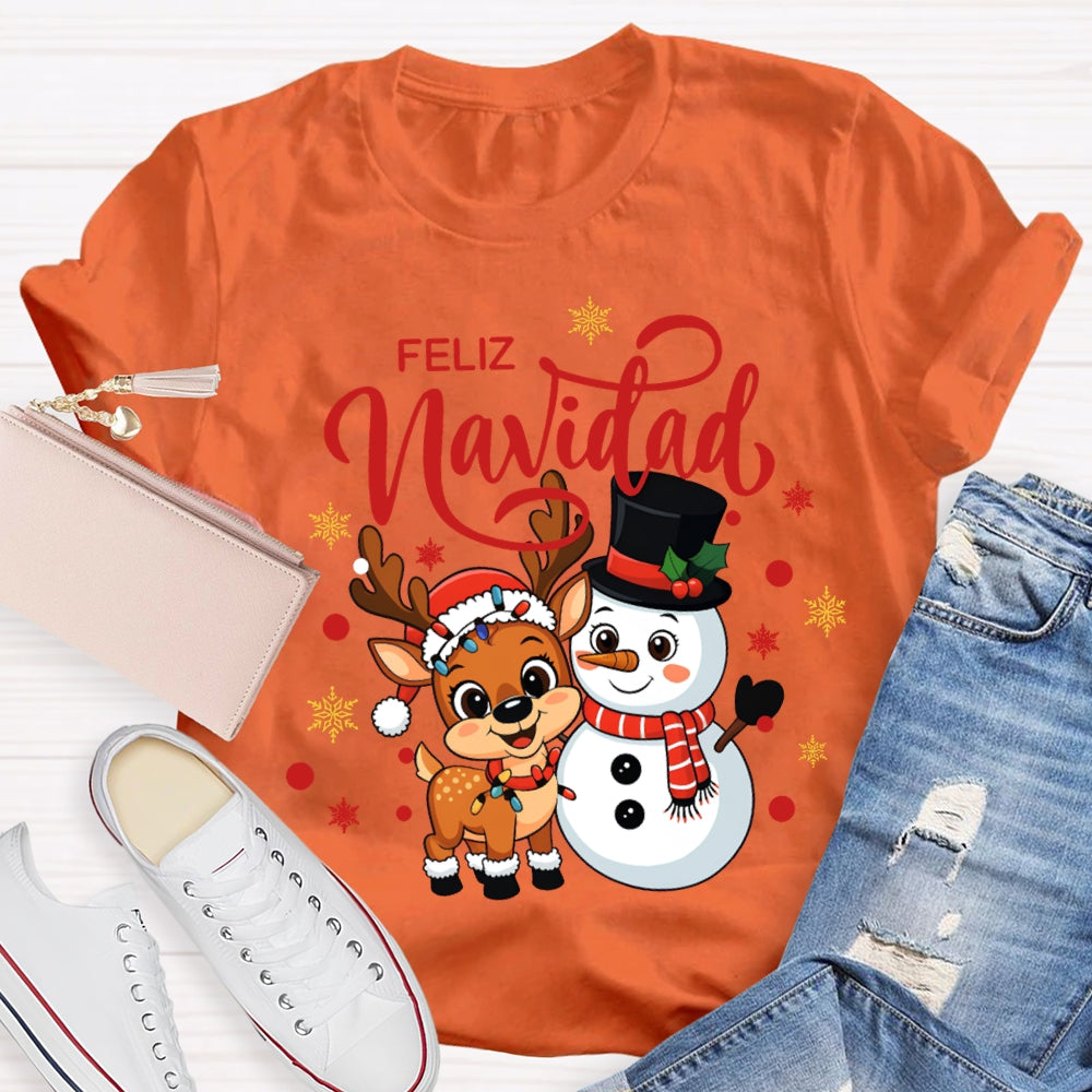 Feliz Navidad Christmas Reindeer And Snowman Bilingual Teacher T-shirt