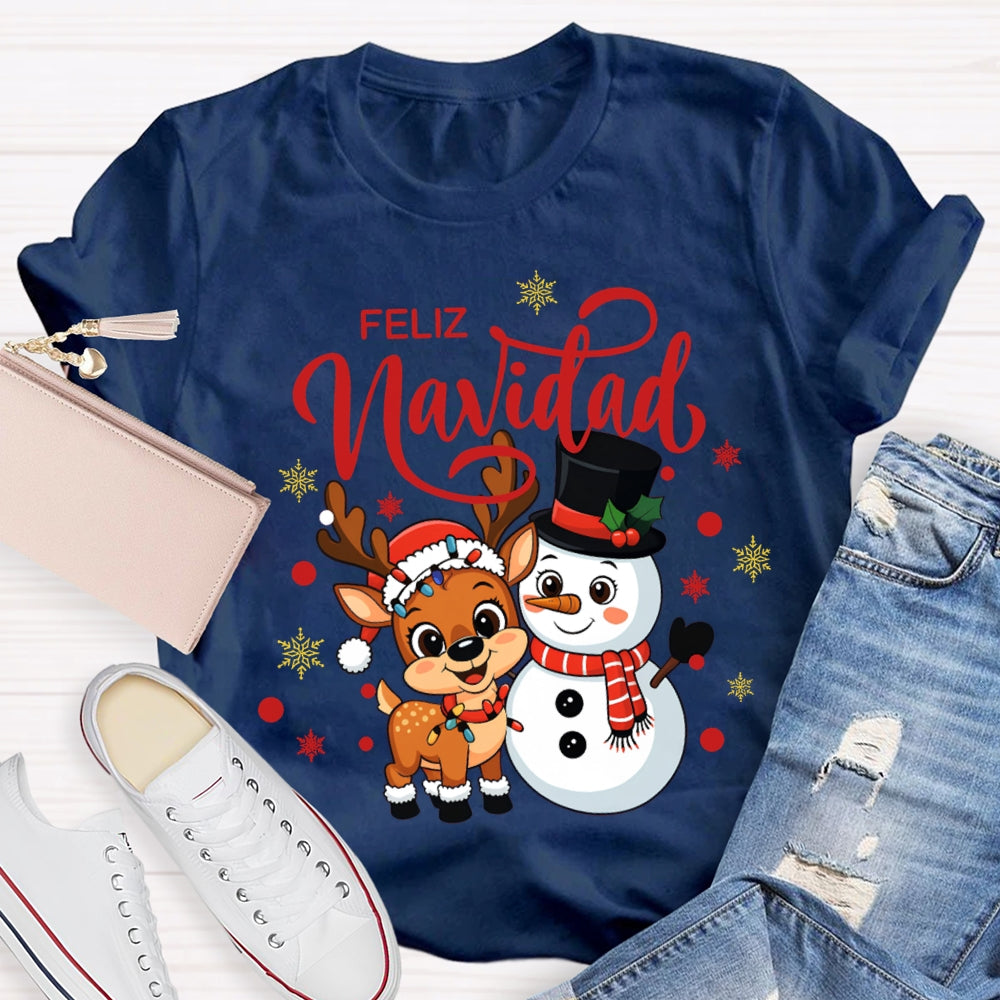 Feliz Navidad Christmas Reindeer And Snowman Bilingual Teacher T-shirt
