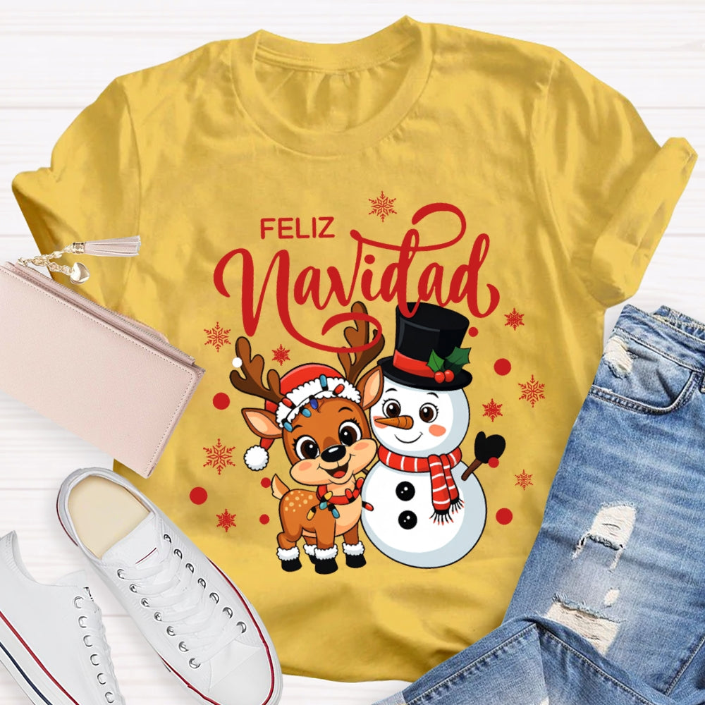Feliz Navidad Christmas Reindeer And Snowman Bilingual Teacher T-shirt