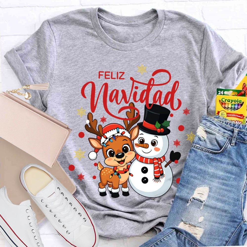 Feliz Navidad Christmas Reindeer And Snowman Bilingual Teacher T-shirt