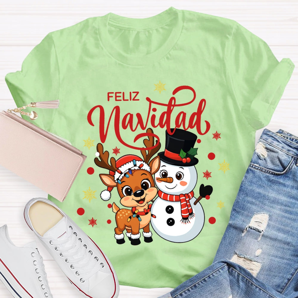 Feliz Navidad Christmas Reindeer And Snowman Bilingual Teacher T-shirt
