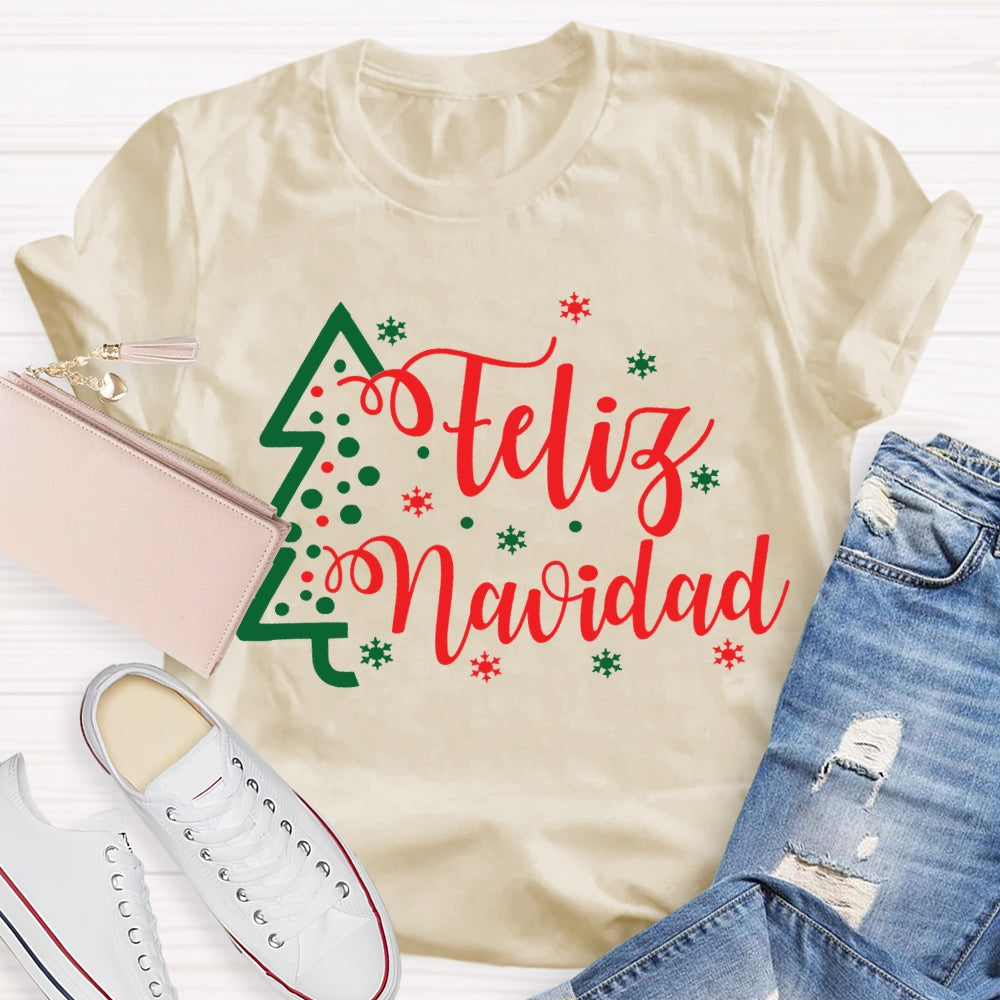Feliz Navidad Christmas Tree And Snowflakes Merry Christmas T-shirt