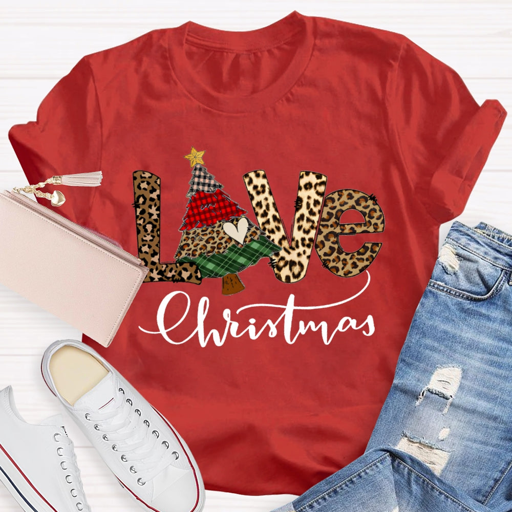 Love Christmas Leopard Print Font And Christmas Tree T-shirt
