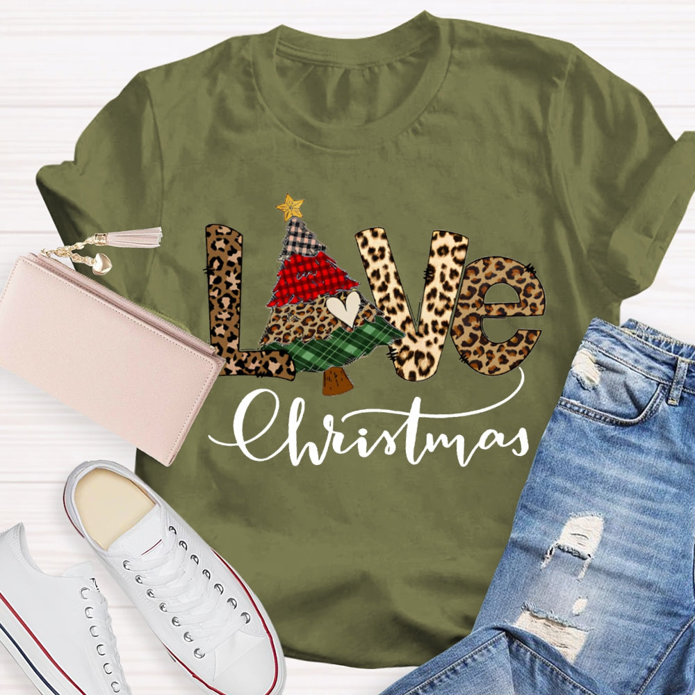Love Christmas Leopard Print Font And Christmas Tree T-shirt