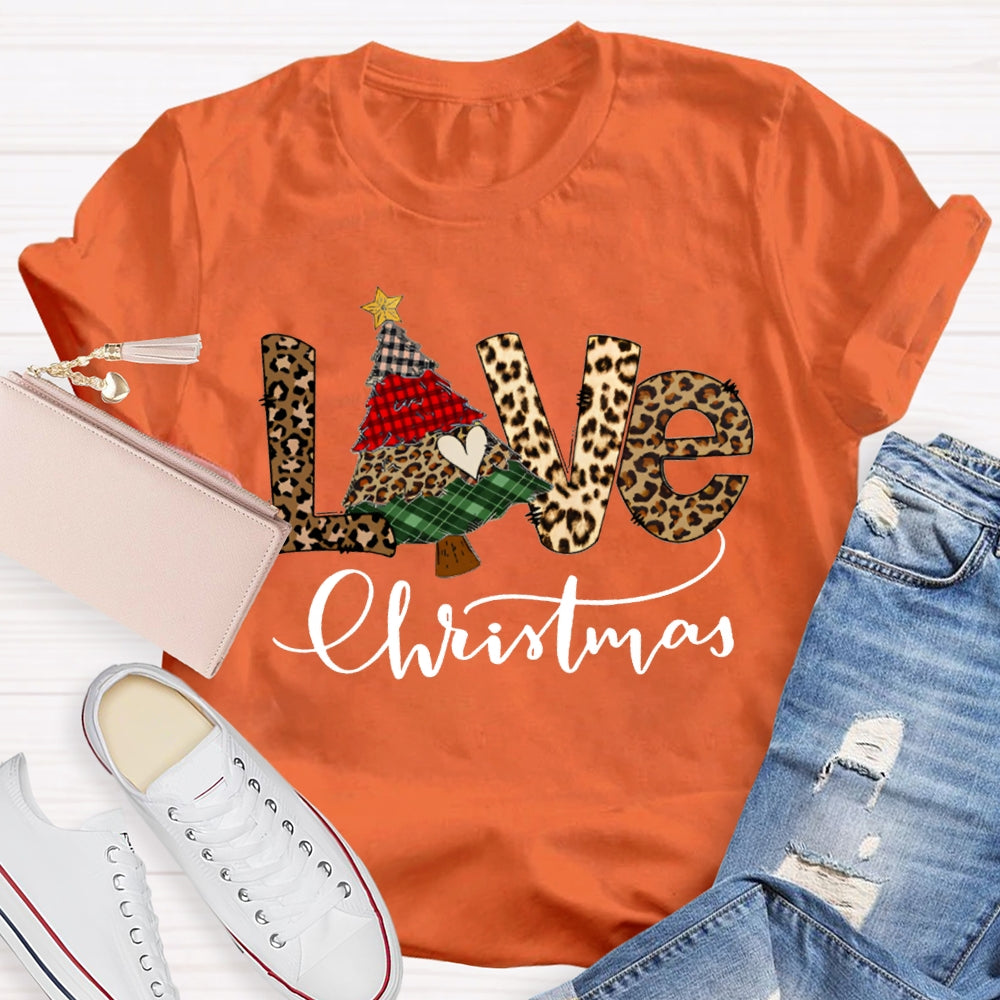 Love Christmas Leopard Print Font And Christmas Tree T-shirt