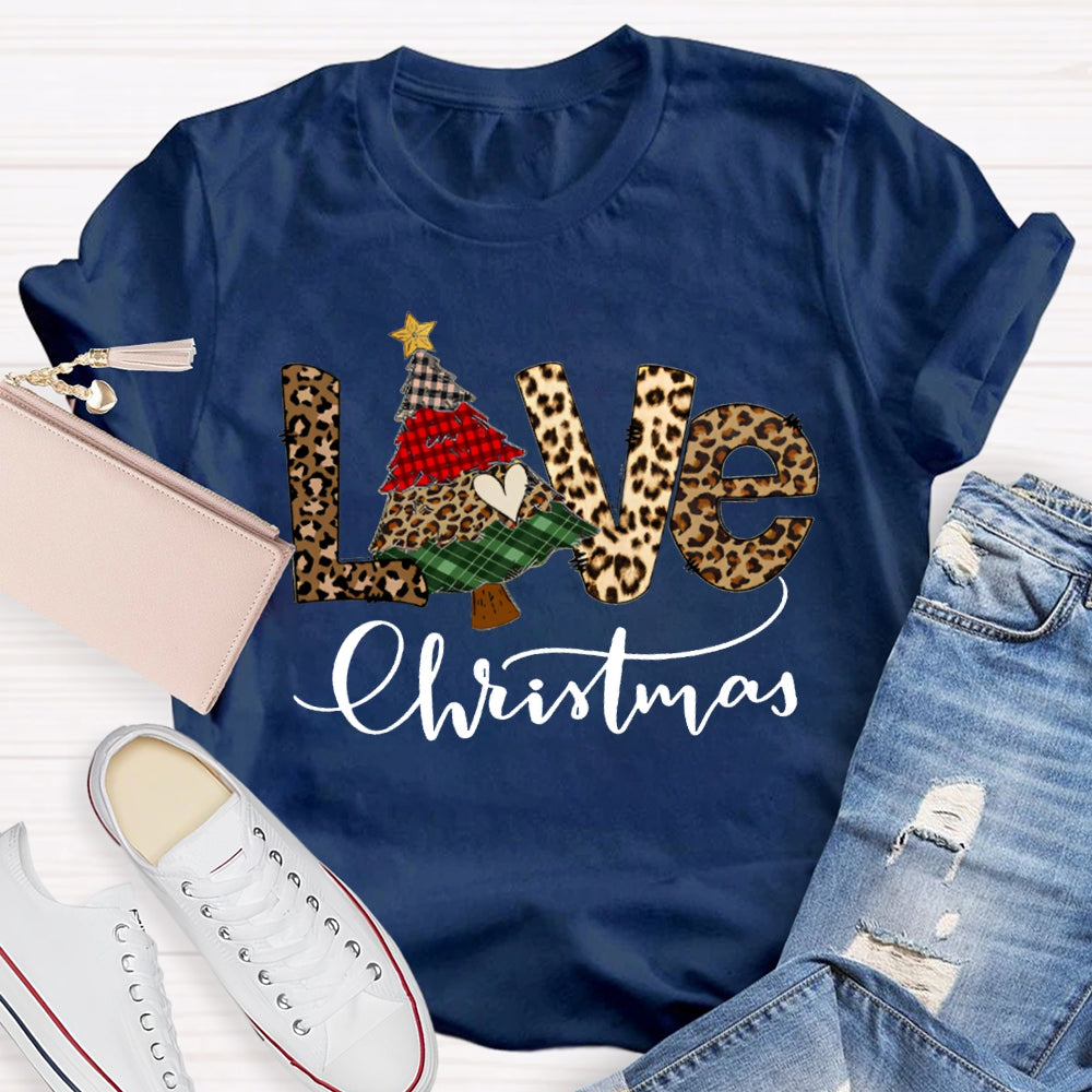 Love Christmas Leopard Print Font And Christmas Tree T-shirt