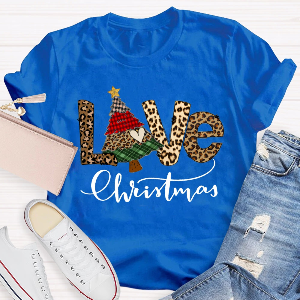 Love Christmas Leopard Print Font And Christmas Tree T-shirt