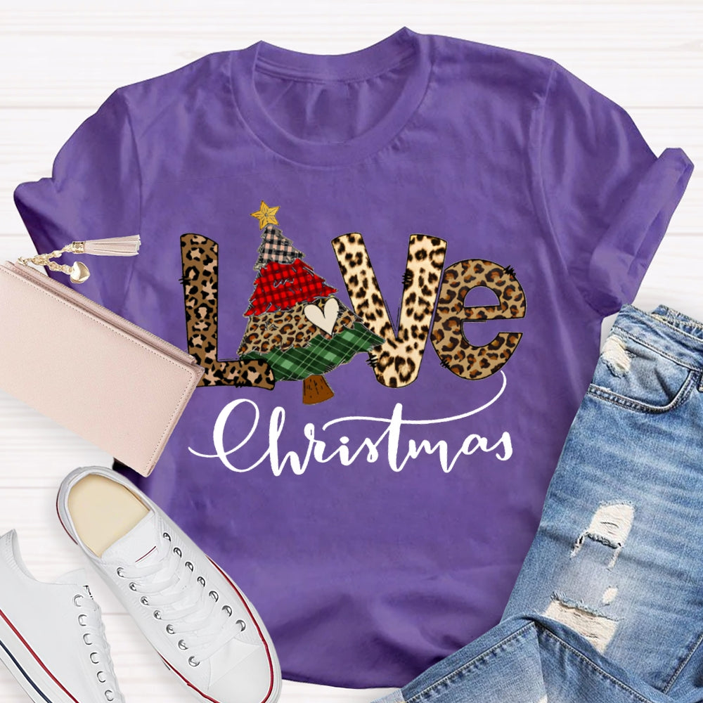 Love Christmas Leopard Print Font And Christmas Tree T-shirt