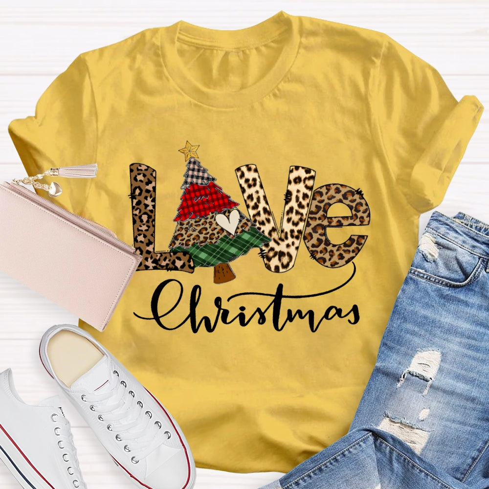 Love Christmas Leopard Print Font And Christmas Tree T-shirt