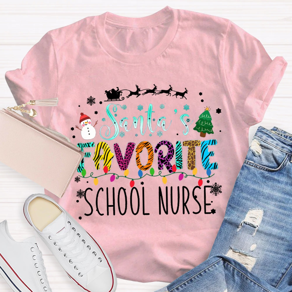 Santa'S Favorite School Nurse Christmas Lights And Christmas Vibes Fonts T-shirt