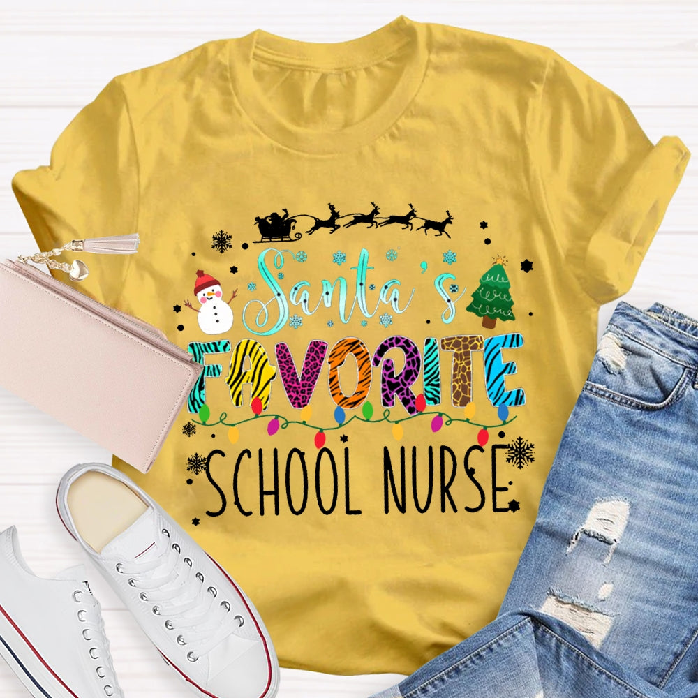 Santa'S Favorite School Nurse Christmas Lights And Christmas Vibes Fonts T-shirt