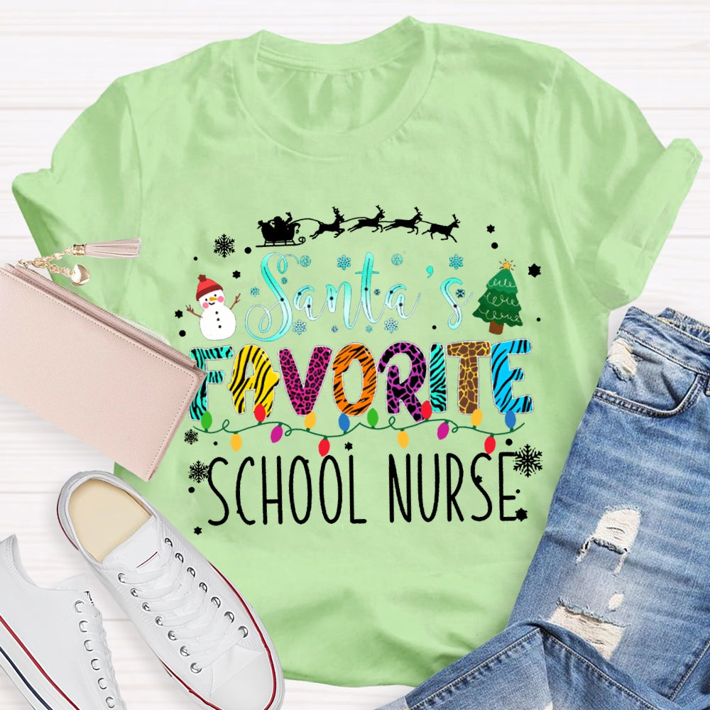 Santa'S Favorite School Nurse Christmas Lights And Christmas Vibes Fonts T-shirt