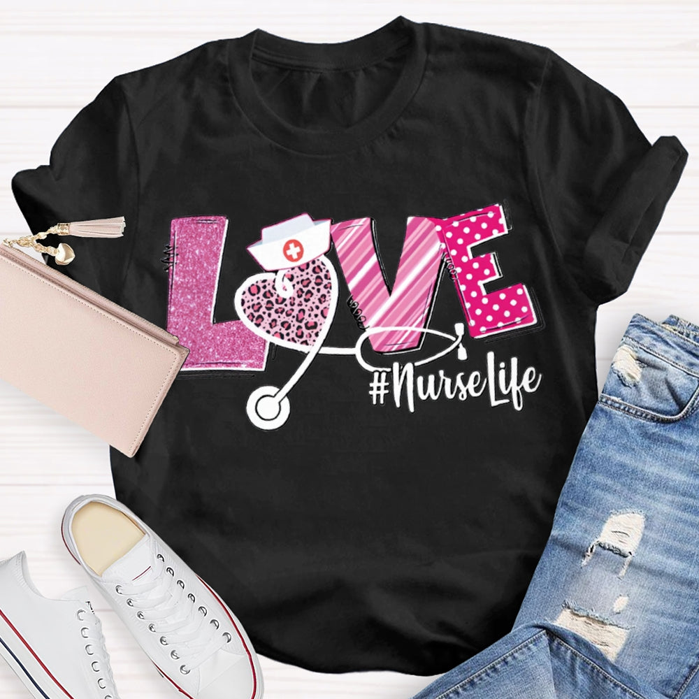 Love Nurse Life Leopard Print Hearts And Valentine'S Day Fonts T-shirt