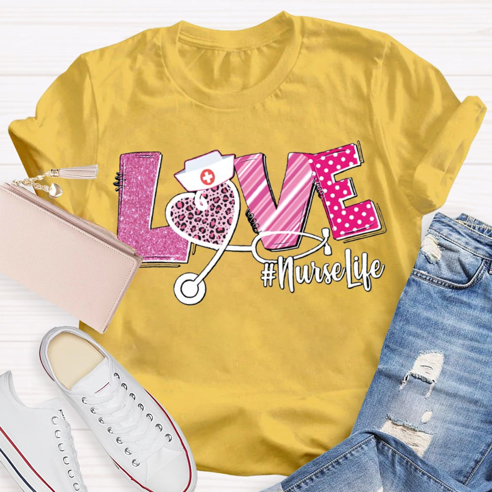Love Nurse Life Leopard Print Hearts And Valentine'S Day Fonts T-shirt