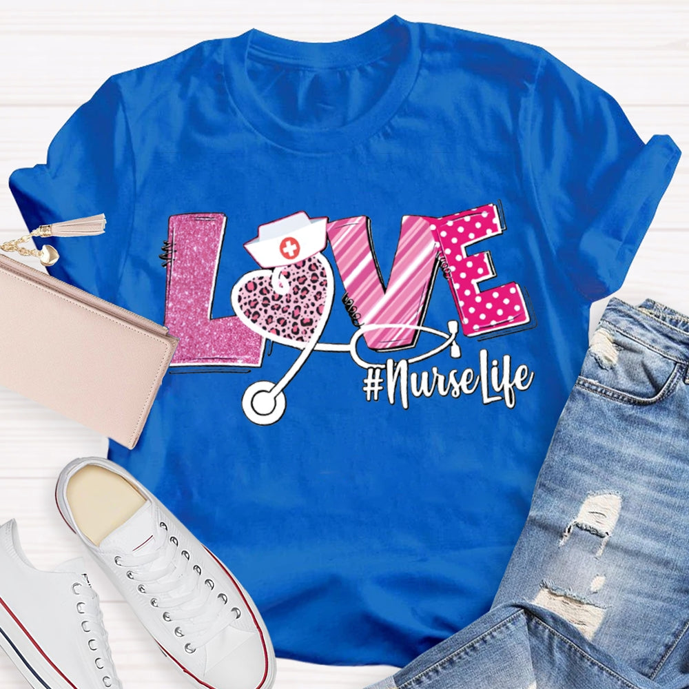 Love Nurse Life Leopard Print Hearts And Valentine'S Day Fonts T-shirt