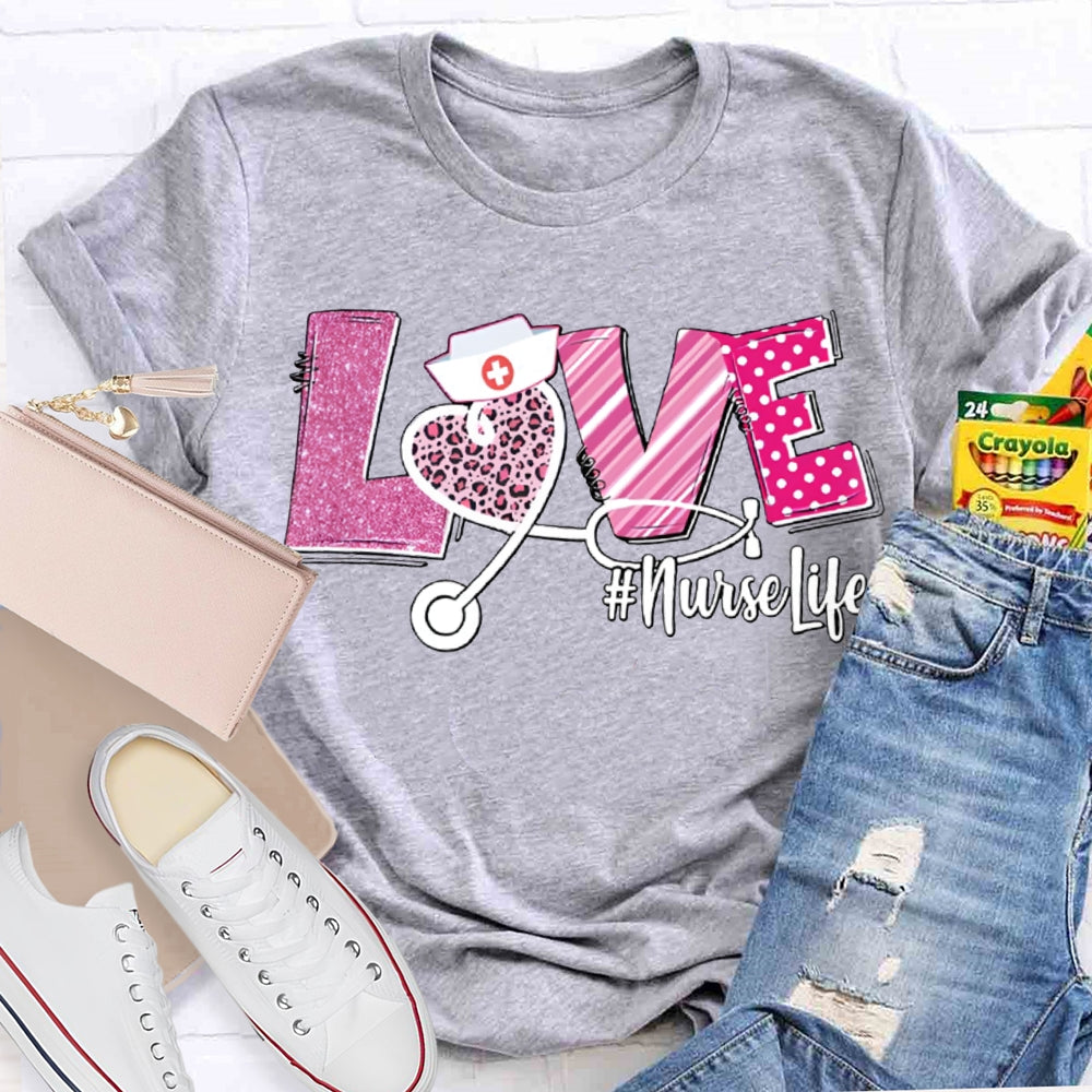 Love Nurse Life Leopard Print Hearts And Valentine'S Day Fonts T-shirt