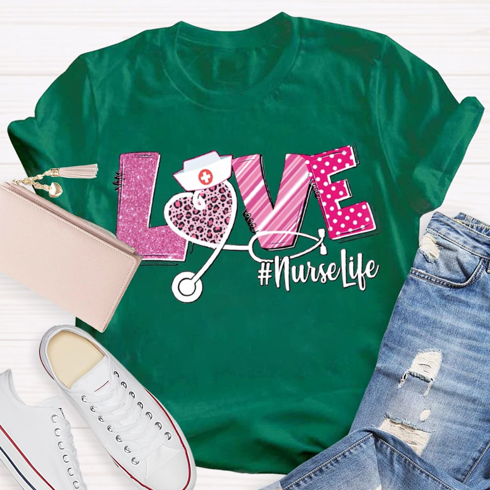 Love Nurse Life Leopard Print Hearts And Valentine'S Day Fonts T-shirt
