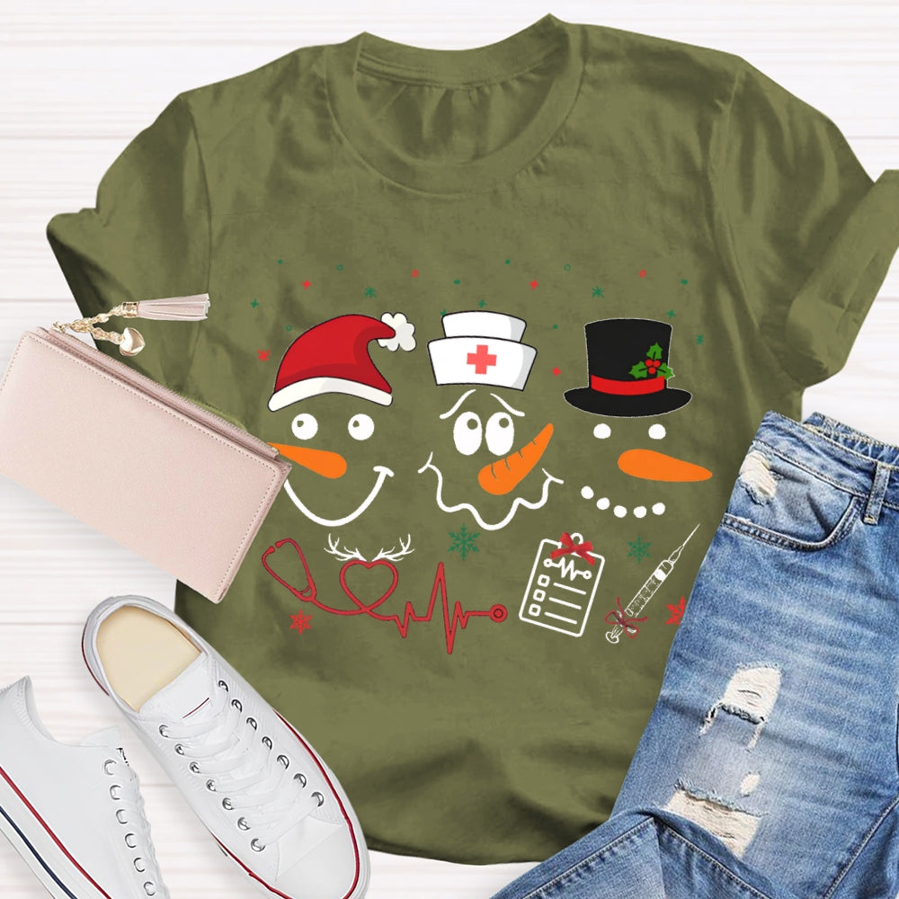 School Nurse Santa Hat And Simple Snowman Print T-shirt