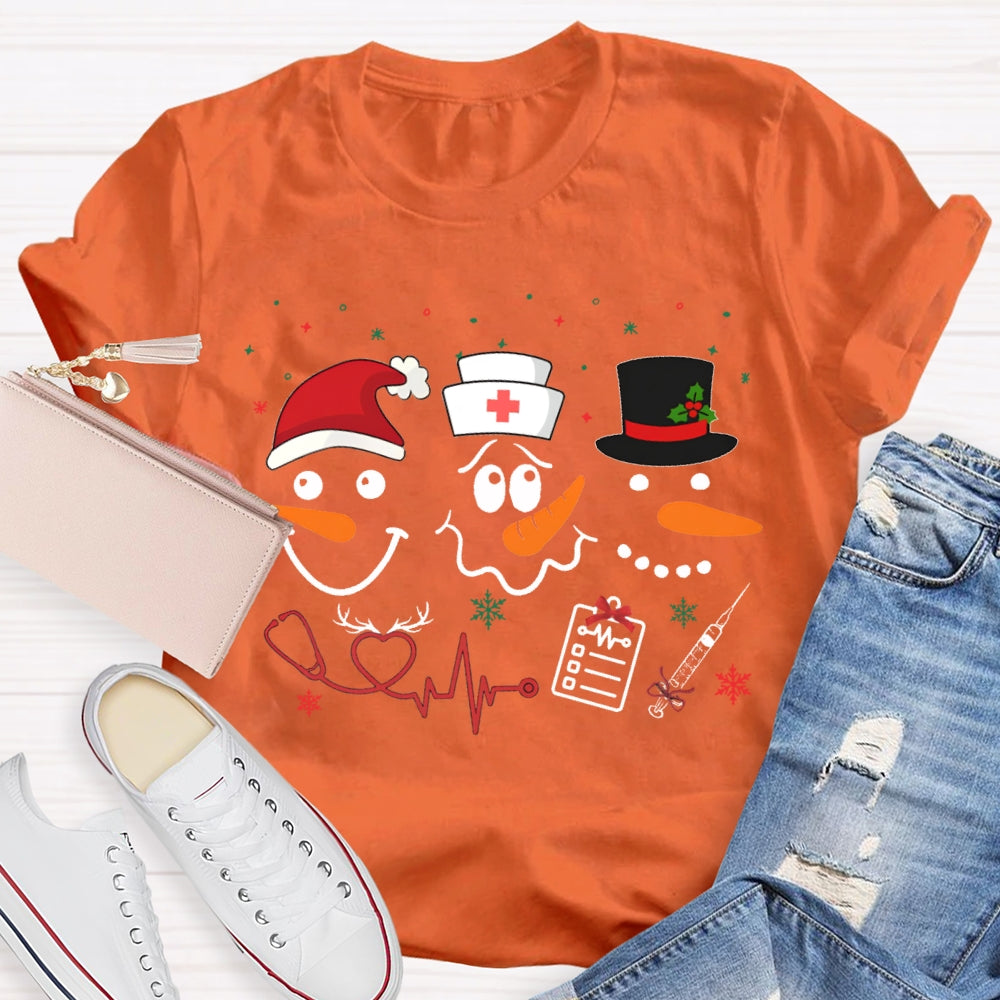 School Nurse Santa Hat And Simple Snowman Print T-shirt