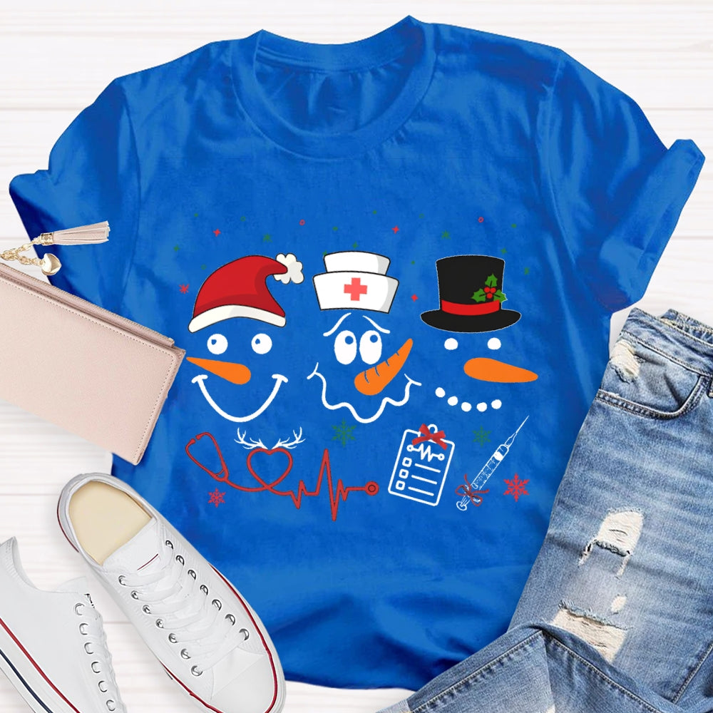 School Nurse Santa Hat And Simple Snowman Print T-shirt