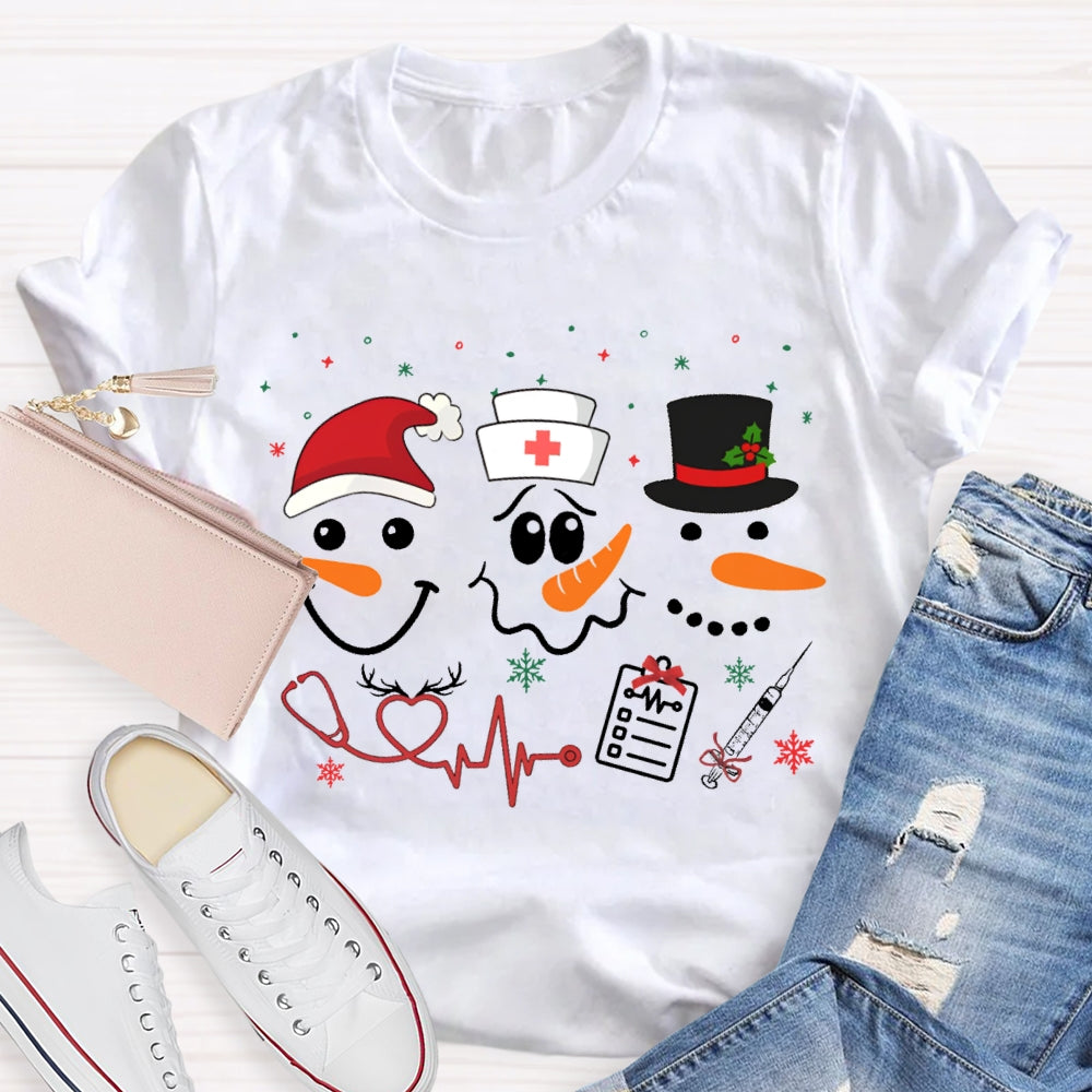 School Nurse Santa Hat And Simple Snowman Print T-shirt