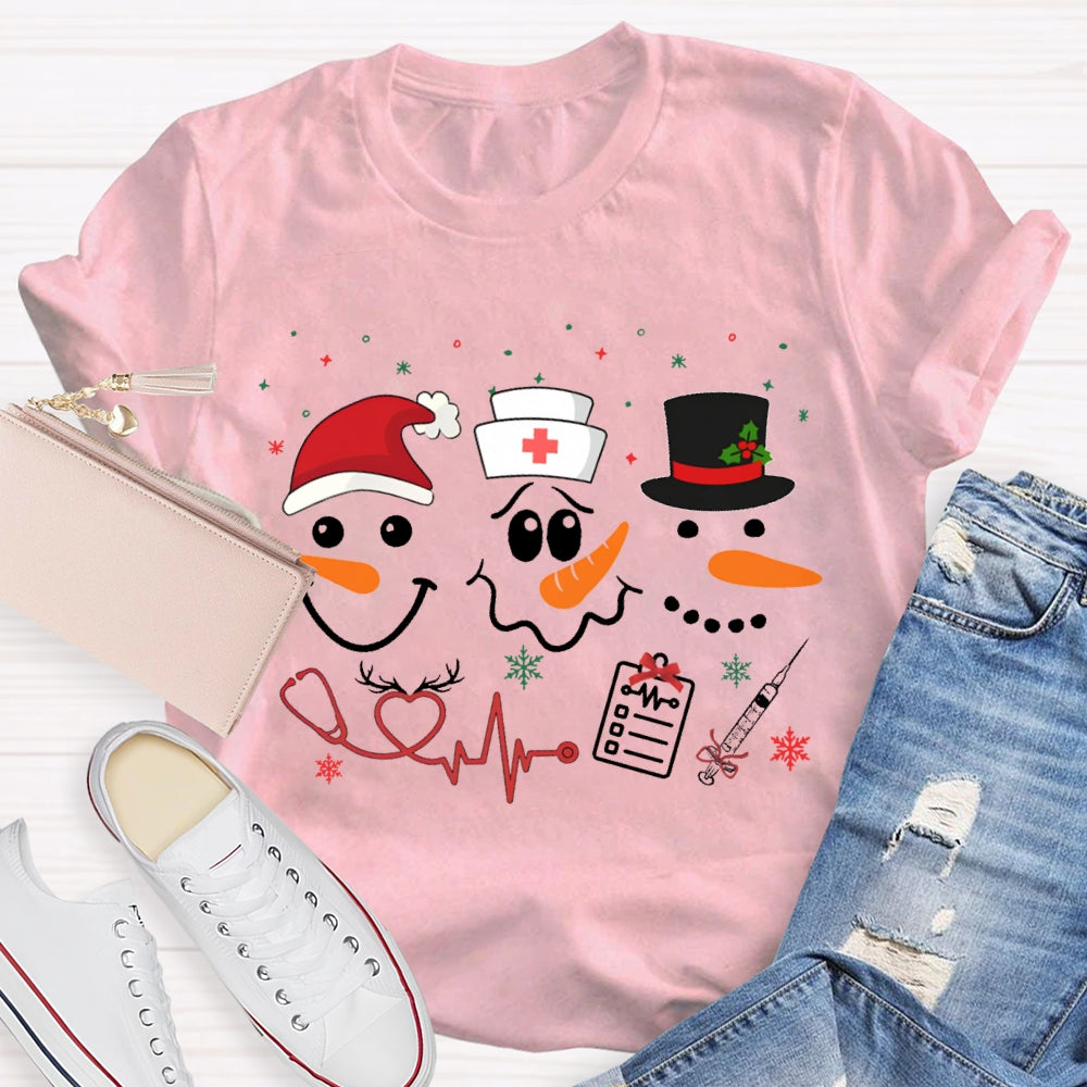 School Nurse Santa Hat And Simple Snowman Print T-shirt