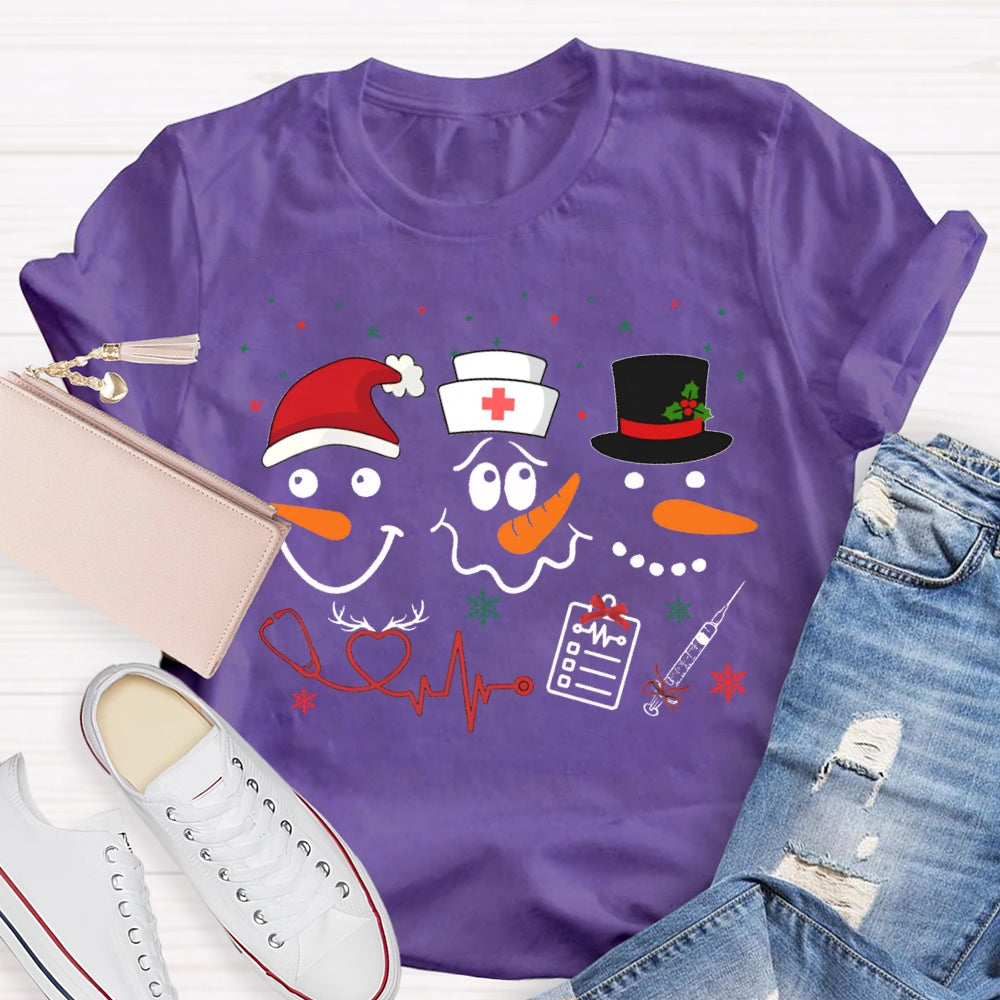 School Nurse Santa Hat And Simple Snowman Print T-shirt