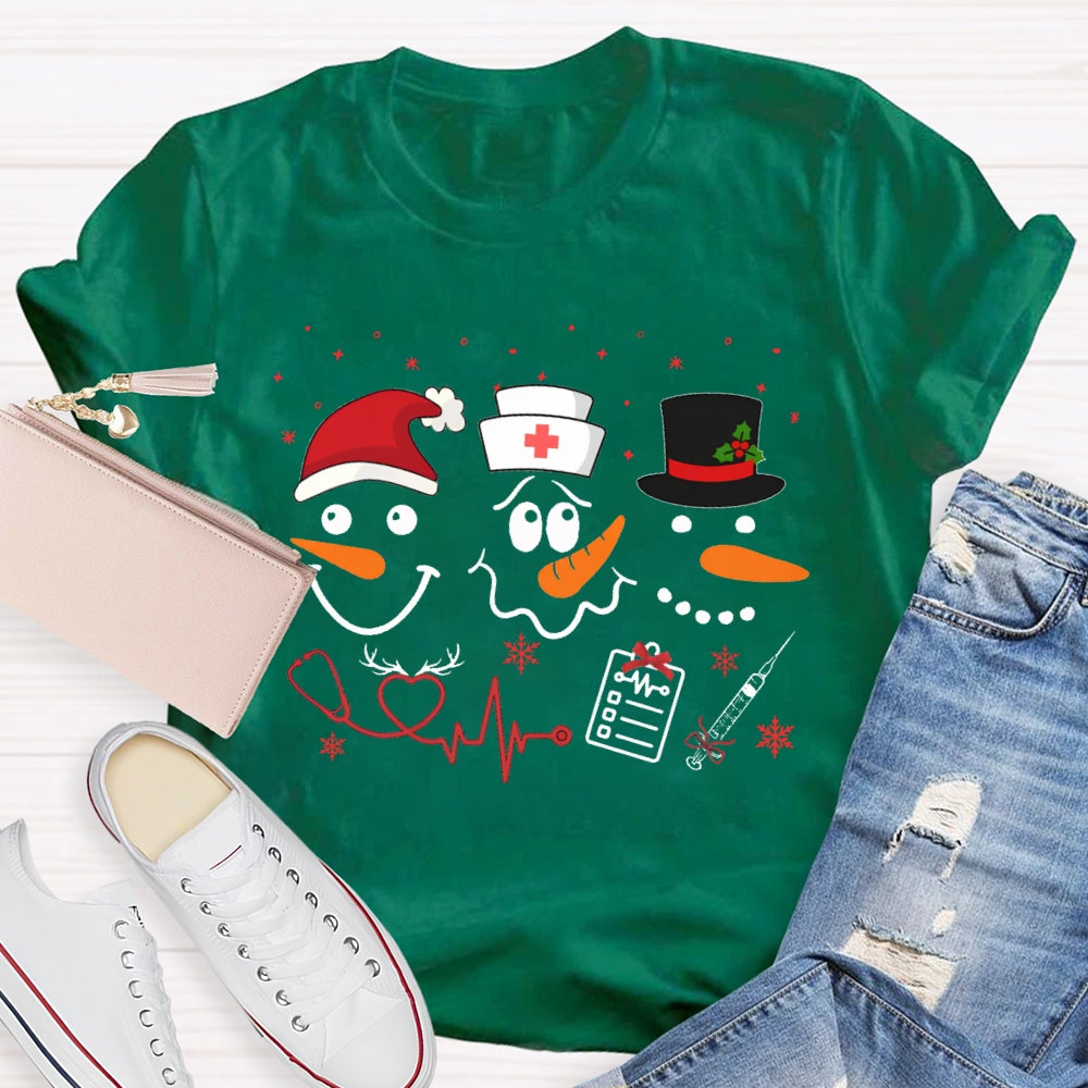 School Nurse Santa Hat And Simple Snowman Print T-shirt
