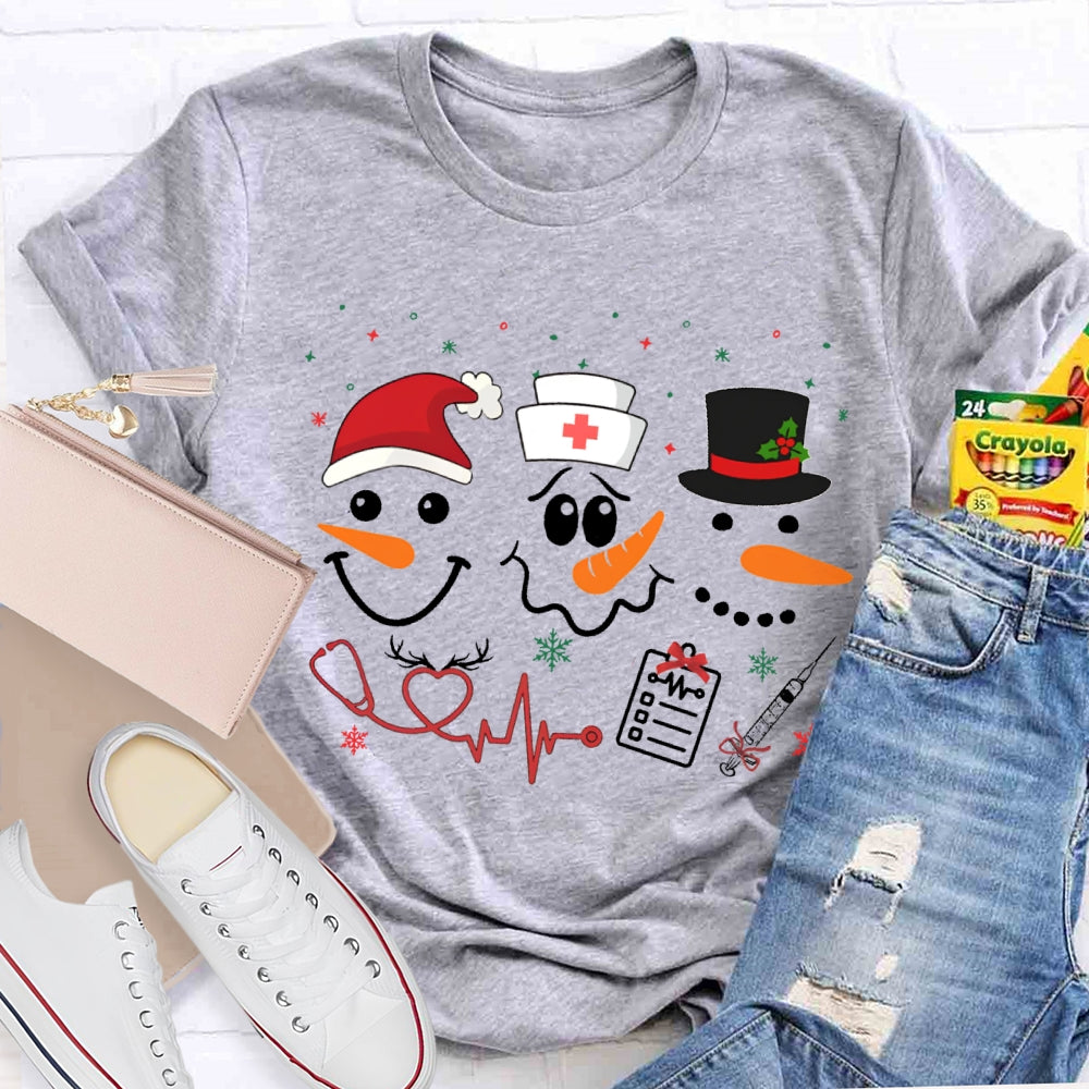 School Nurse Santa Hat And Simple Snowman Print T-shirt