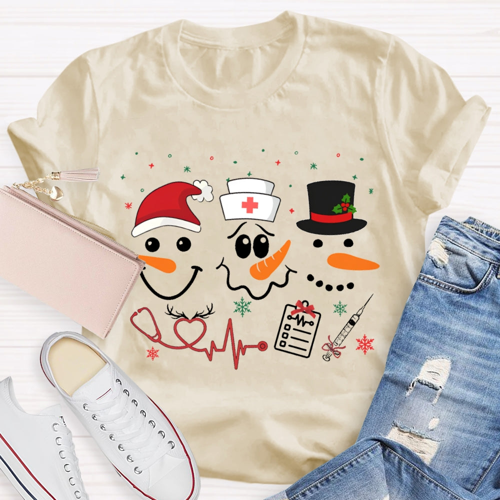 School Nurse Santa Hat And Simple Snowman Print T-shirt