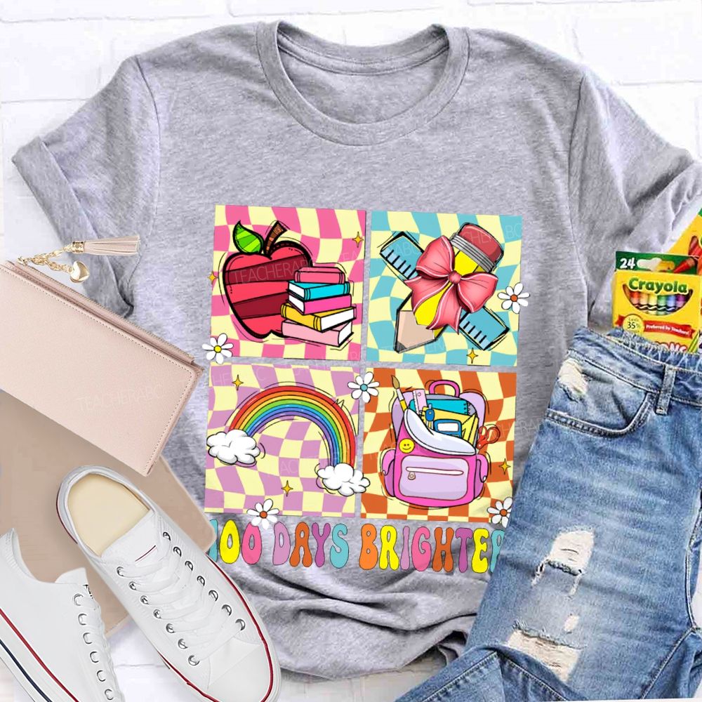 100 Days Brighter Rainbow Apple And Bow Pencil T-shirt