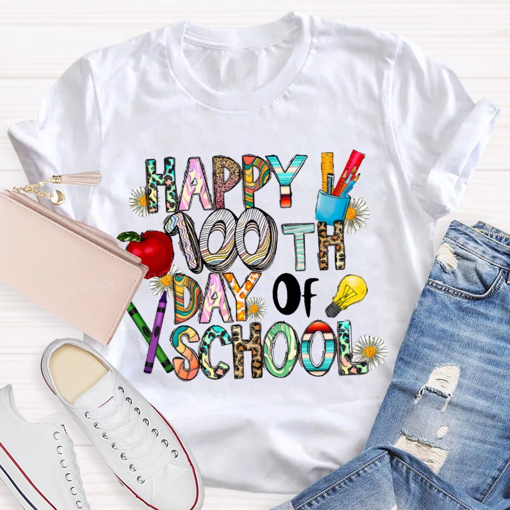 Happy 100th Day Of School Apple And Colored Fonts T-shirt