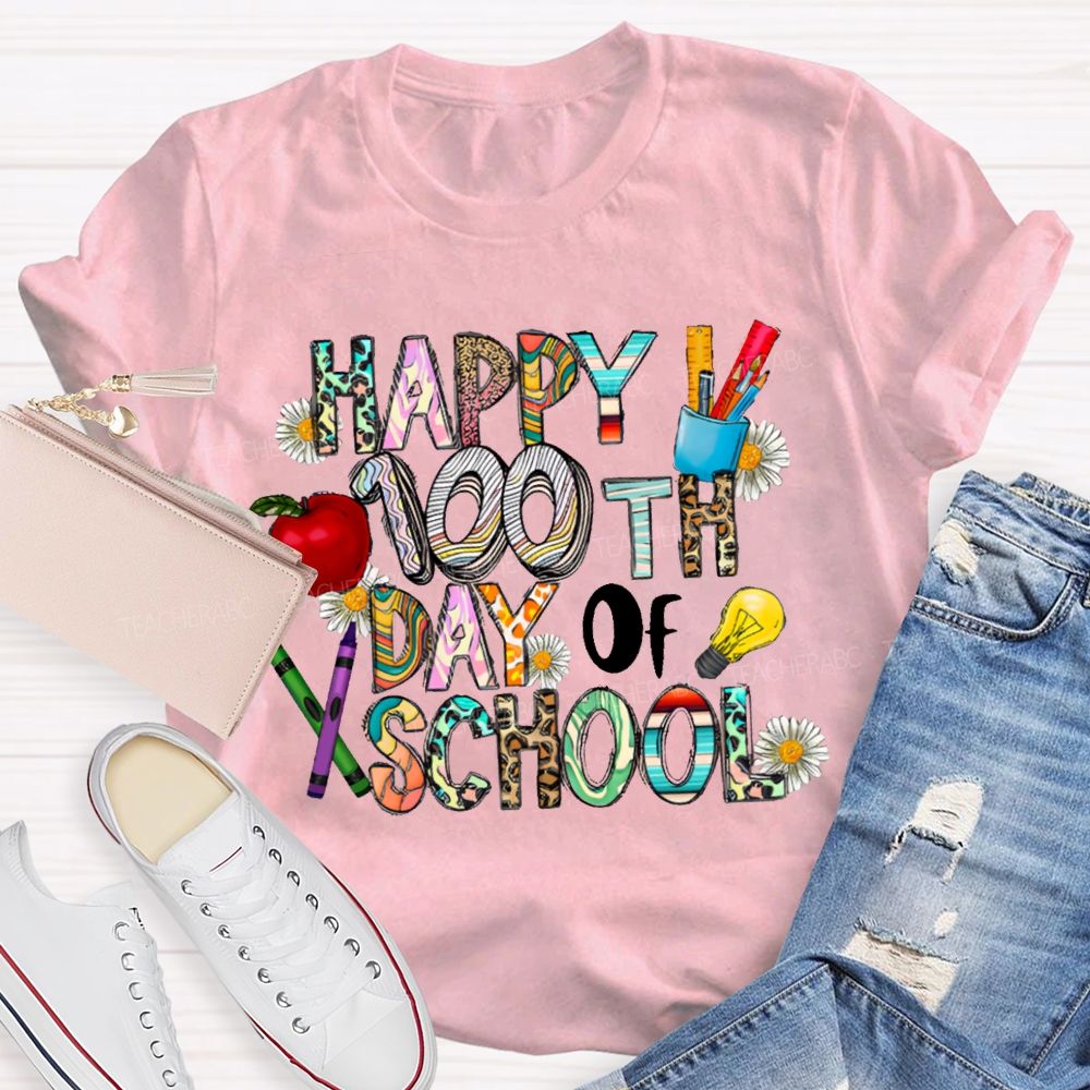 Happy 100th Day Of School Apple And Colored Fonts T-shirt