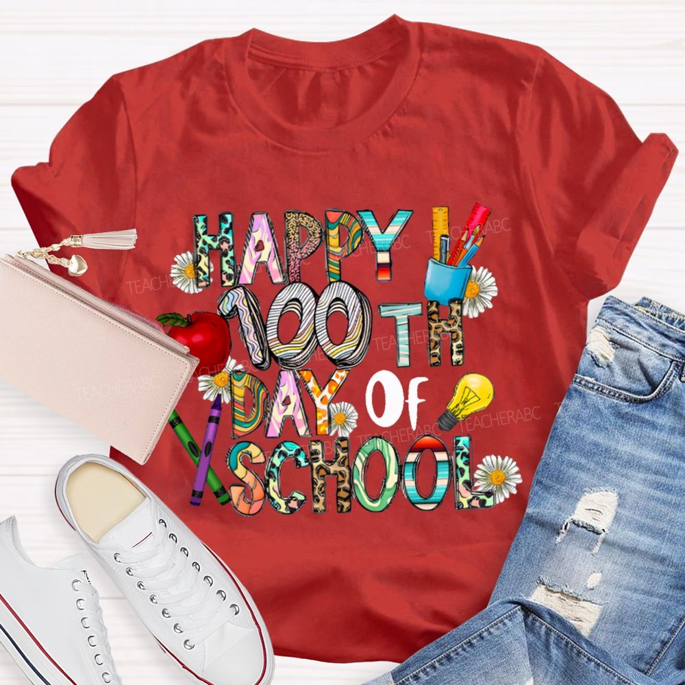 Happy 100th Day Of School Apple And Colored Fonts T-shirt